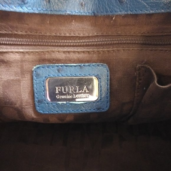 FURLA LIKE NEW APPALOOSA EAST WEST BLUE OSTRICH EMBOSSED LEATHER "TOTE" HANDBAG - Picture 8 of 13